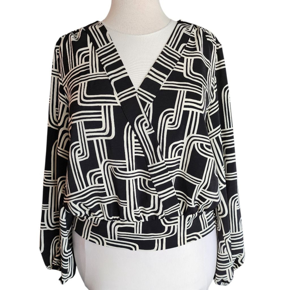 Nine West Black and White Geometric Wrap Blouse